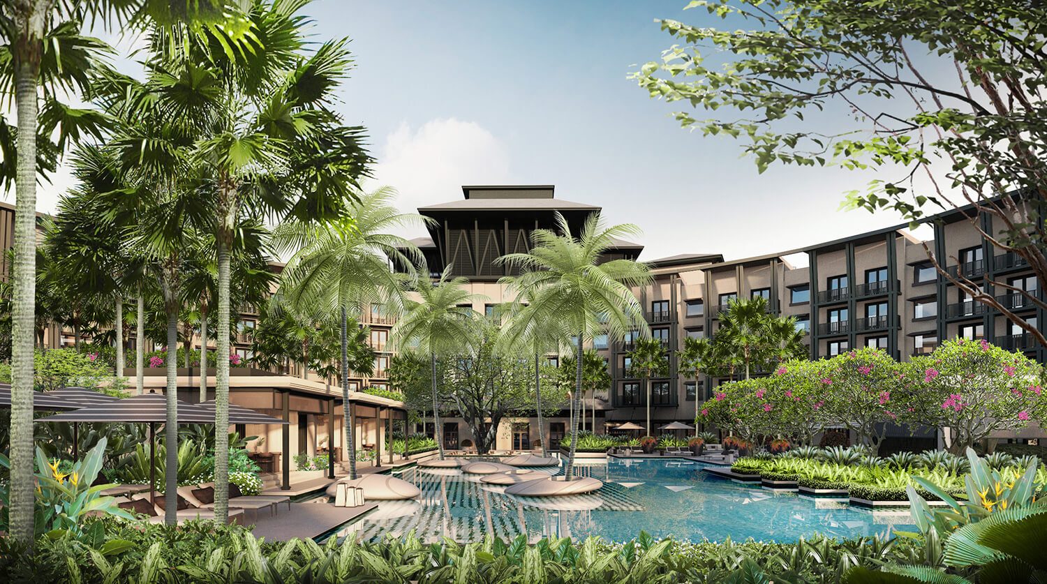 Lush tropical resort with a large swimming pool, palm trees, and multi-story buildings.